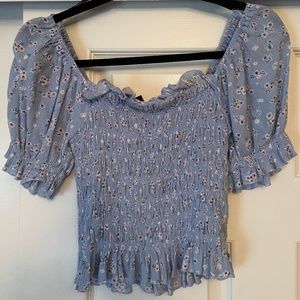 Ditsy Floral Blue Crop Top With Puffed Sleeves